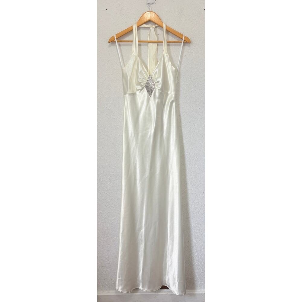 Vintage Jessica McClintock for Gunne Sax White Satin Halter Gown Prom Wedding